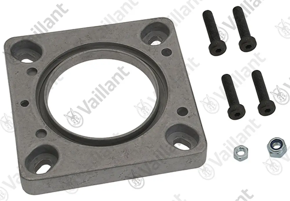 Vaillant Flansch mit runder Öffnung, montierbar, aus Metall, umgeben von Befestigungslöchern und Schrauben. Zubehörteil für Heizsysteme.